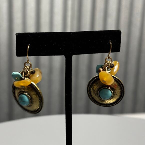Boho Medallion Earrings Antique Gold Turquoise Dangle Beads Festival Style - Picture 1 of 11